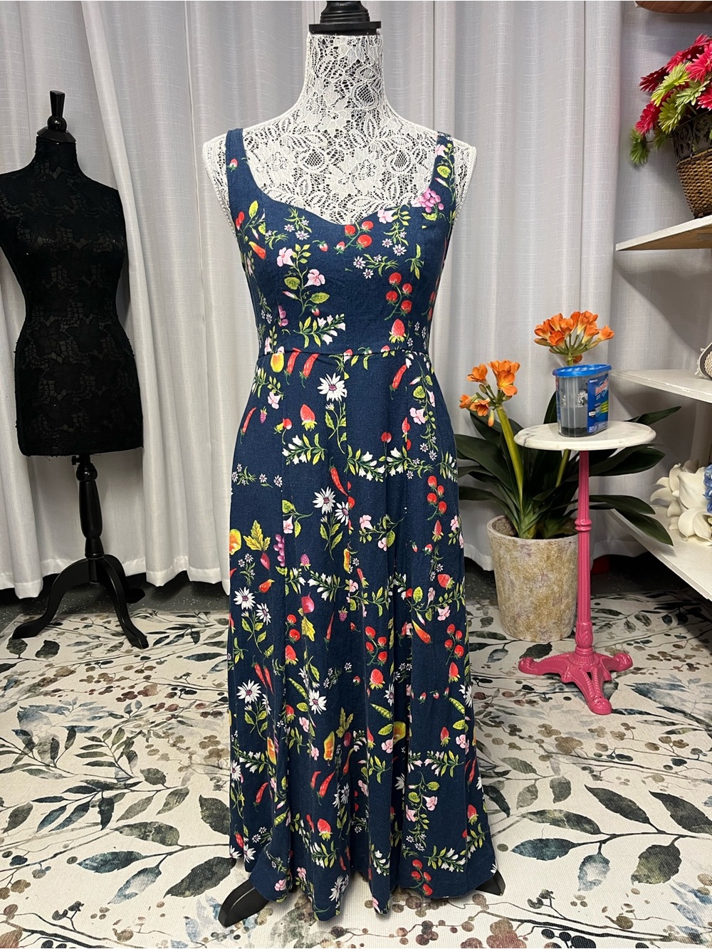 Old Navy Navy Floral Midi Dress with Straps